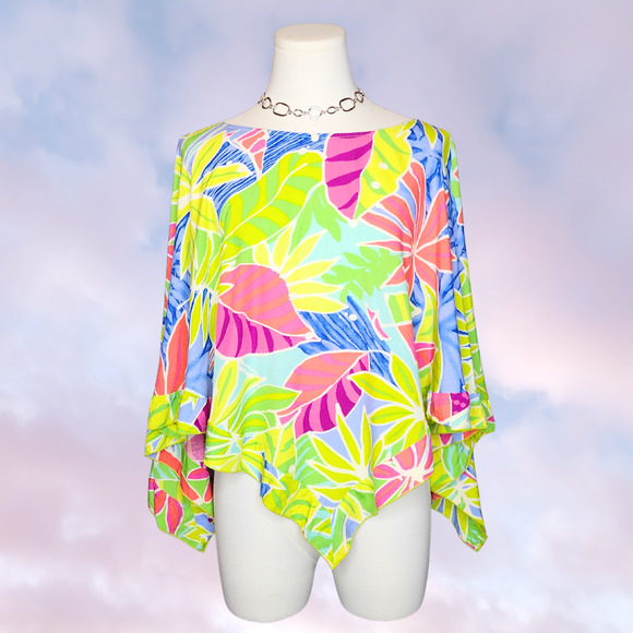 Vtg 90s Y2k Paradiso Beach Cover Up Rayon Tropical Colorful Palm Cape Poncho L - Picture 1 of 5